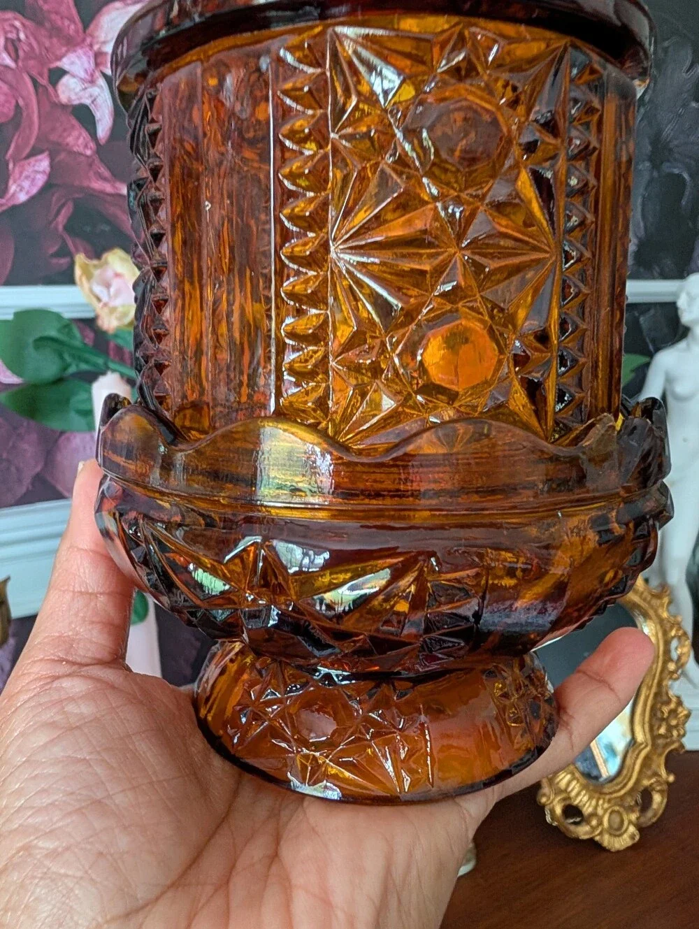 Vintage Indiana Glass Dark Amber Fairy Lamp, Stars and Bars, READ